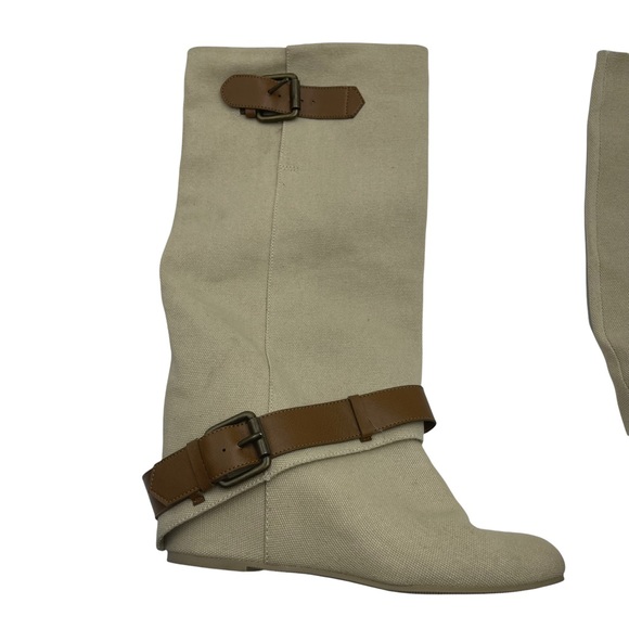 ALDO| NWOT Tan Burlap/Linen hidden wedge,wide calf, with camel belt detail SZ 37 - Picture 4 of 16